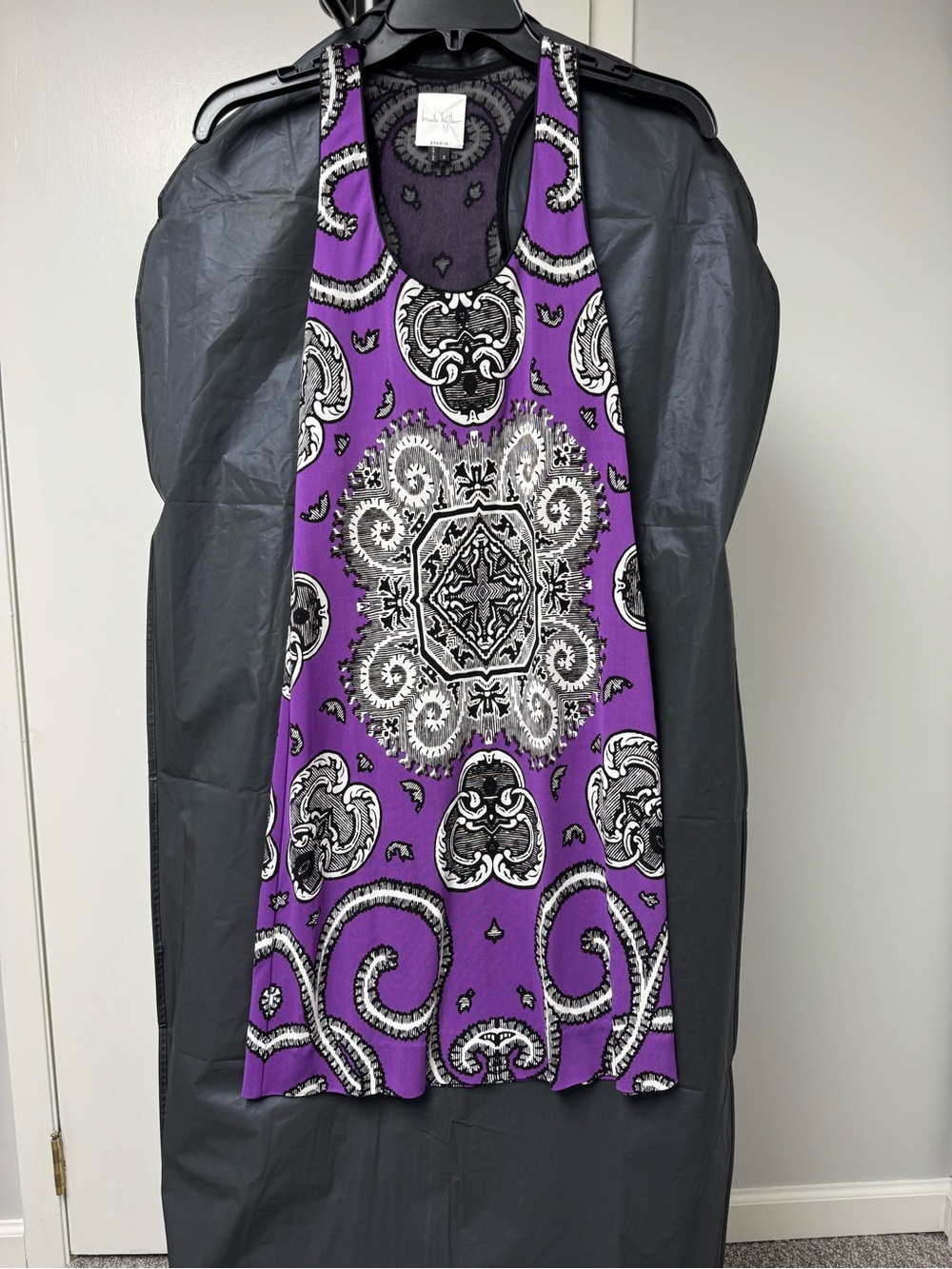 Nicole Miller Purple and Black Graphic Mesh-Back Dress
